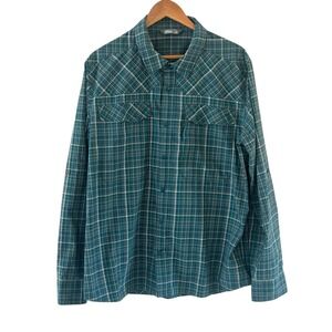 Stio Mens Snap Front Shirt XL Plaid Green Blue Hiking Lightweight Long Sleeve